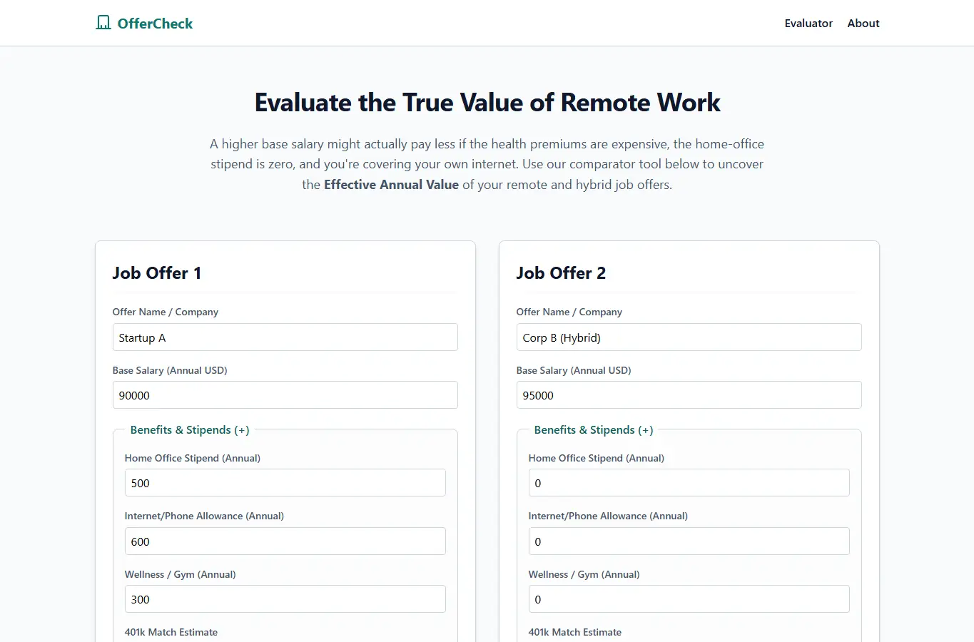 Screenshot of OfferCheck: Remote Job Benefit Evaluator interface showing the project page in use